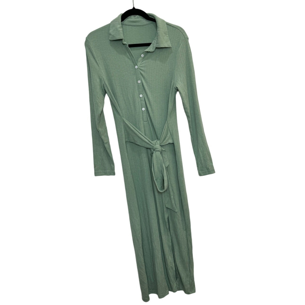 NWOT Women's Shirt Maxi Green Ribbed Dress Attached Tie Sash Belt XL